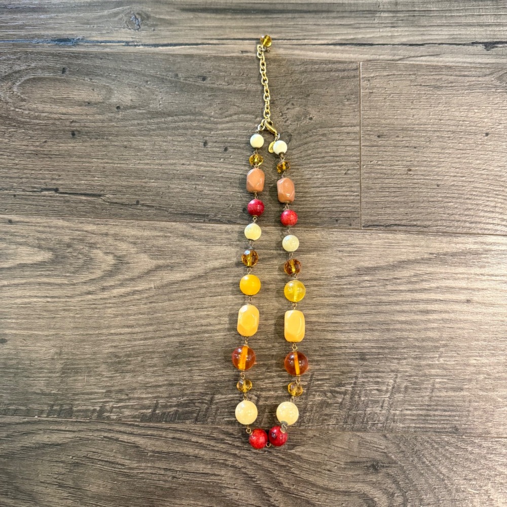 VTG Joan Rivers Vintage Beaded Statement Necklace Gold Tone Amber Yellow Red